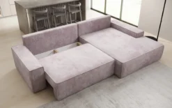 Designer Ecksofa Verona mit breiter Ottomane mit Schlaf- und Klappfunktion in Cord