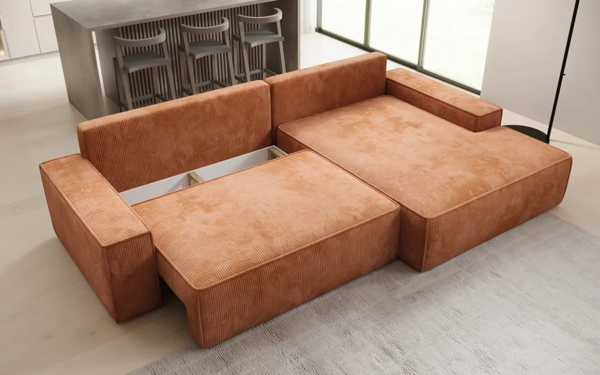 Designer Ecksofa Verona mit breiter Ottomane mit Schlaf- und Klappfunktion in Cord