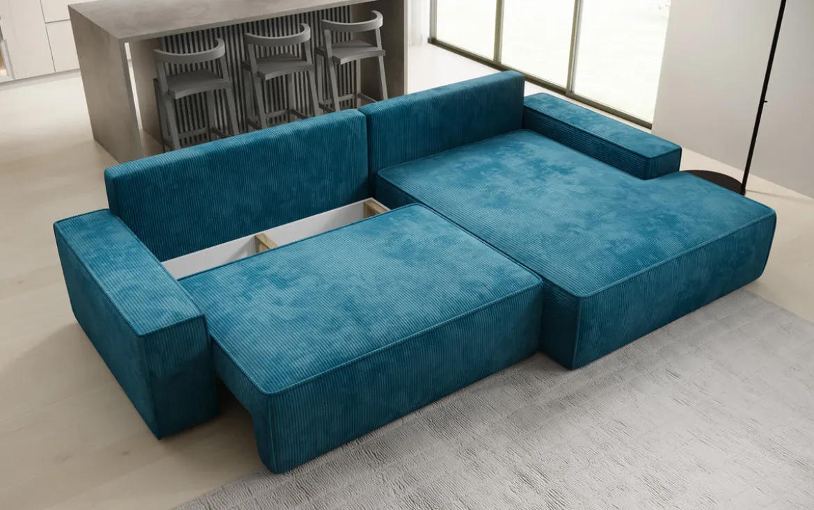 Designer Ecksofa Verona mit breiter Ottomane mit Schlaf- und Klappfunktion in Cord