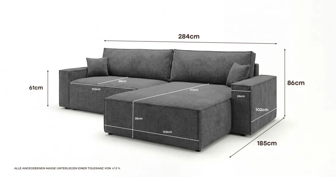 Designer Ecksofa Vienna mit Schlaf- und Klappfunktion in Cord