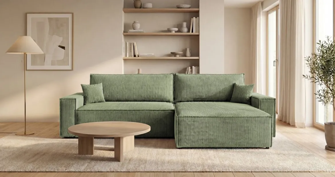 Designer Ecksofa Vienna mit Schlaf- und Klappfunktion in Cord
