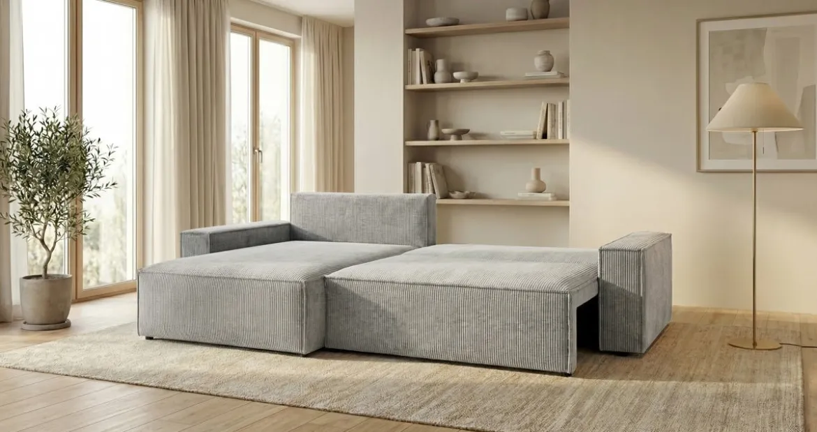Designer Ecksofa Vienna mit Schlaf- und Klappfunktion in Cord