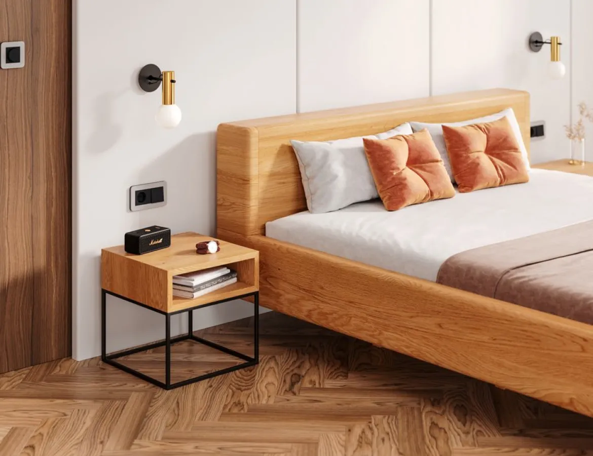 Designer Holzbett Arvelo aus massiver Eiche in Schwebeoptik und geraden Headboard