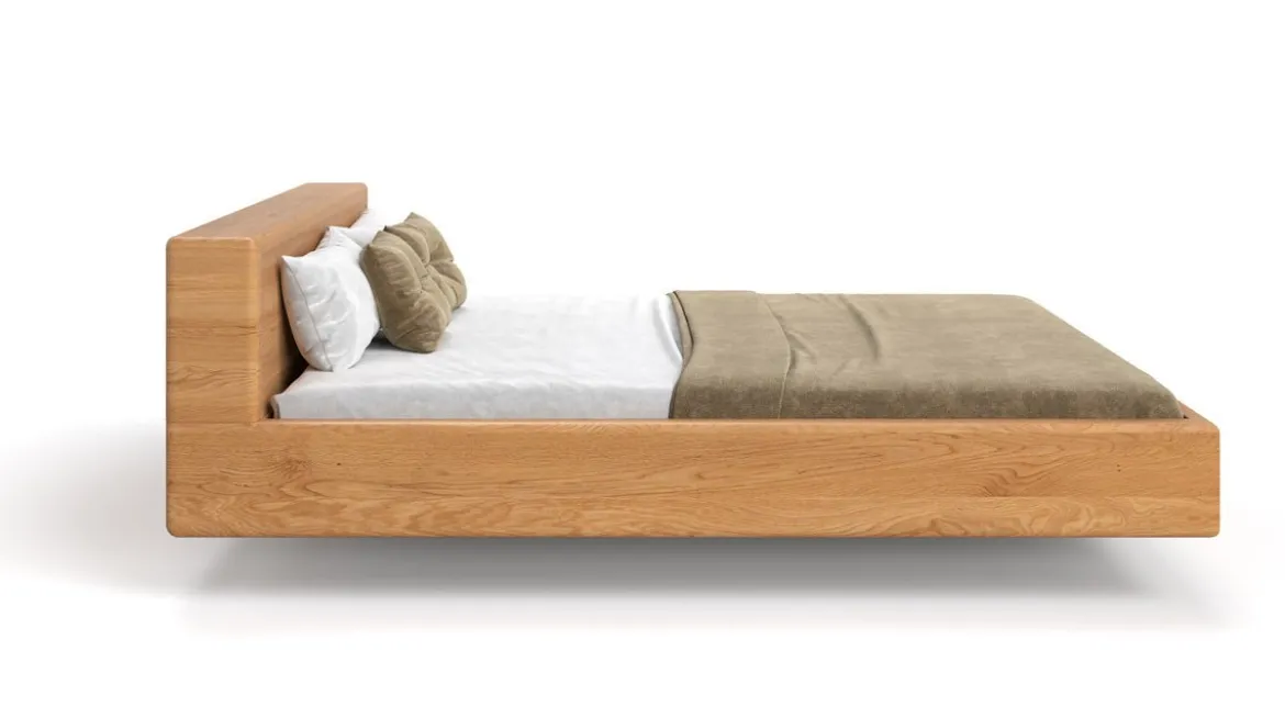 Designer Holzbett Arvelo aus massiver Eiche in Schwebeoptik und geraden Headboard