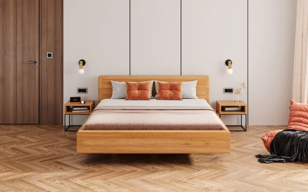 Designer Holzbett Arvelo aus massiver Eiche in Schwebeoptik und geraden Headboard