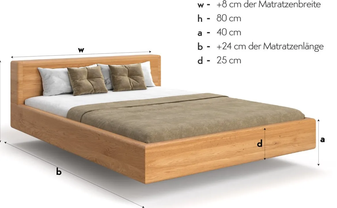 Designer Holzbett Arvelo aus massiver Eiche in Schwebeoptik und geraden Headboard