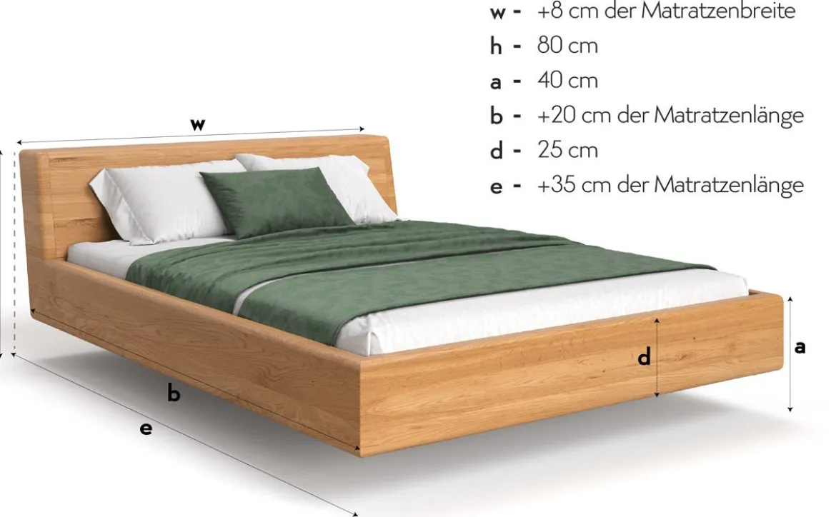 Designer Holzbett Arvelo aus massiver Eiche in Schwebeoptik und geneigtem Headboard