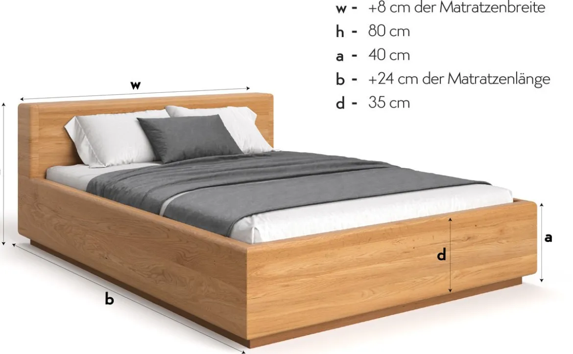 Designer Holzbett Calveno aus massiver Eiche mit Stauraum und geraden Headboard