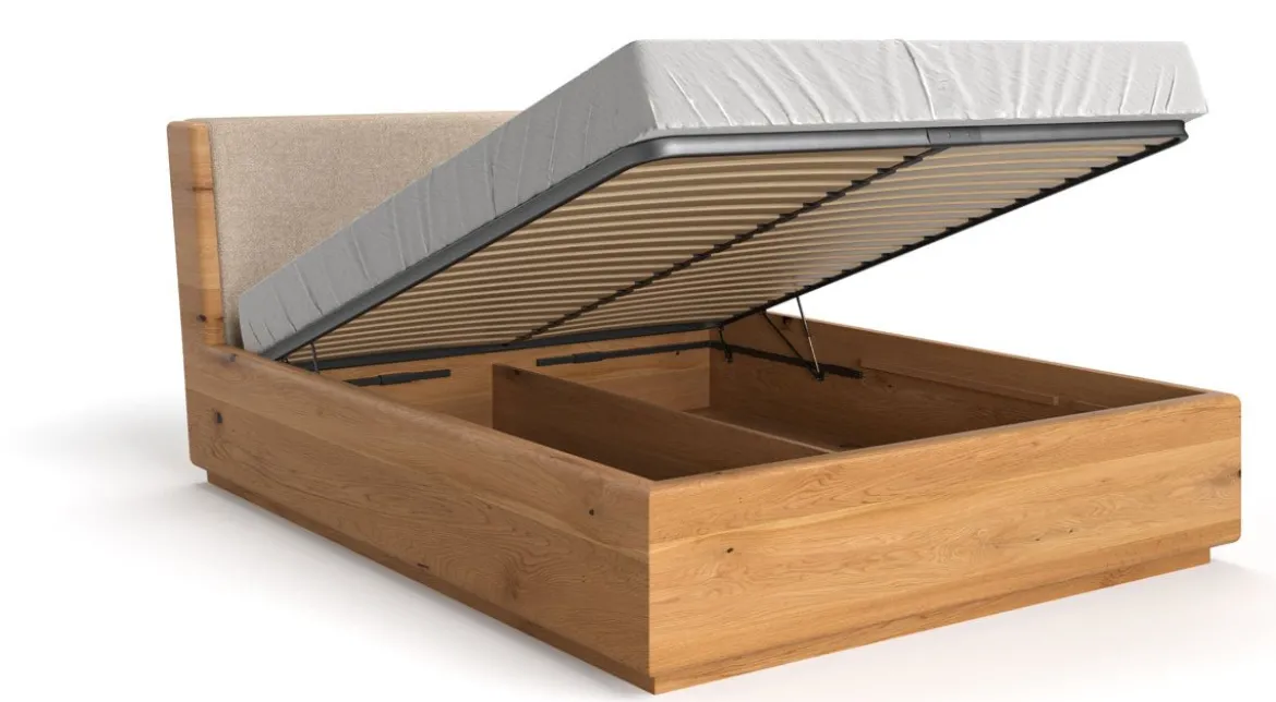 Designer Holzbett Cassian aus massiver Eiche mit Stauraum