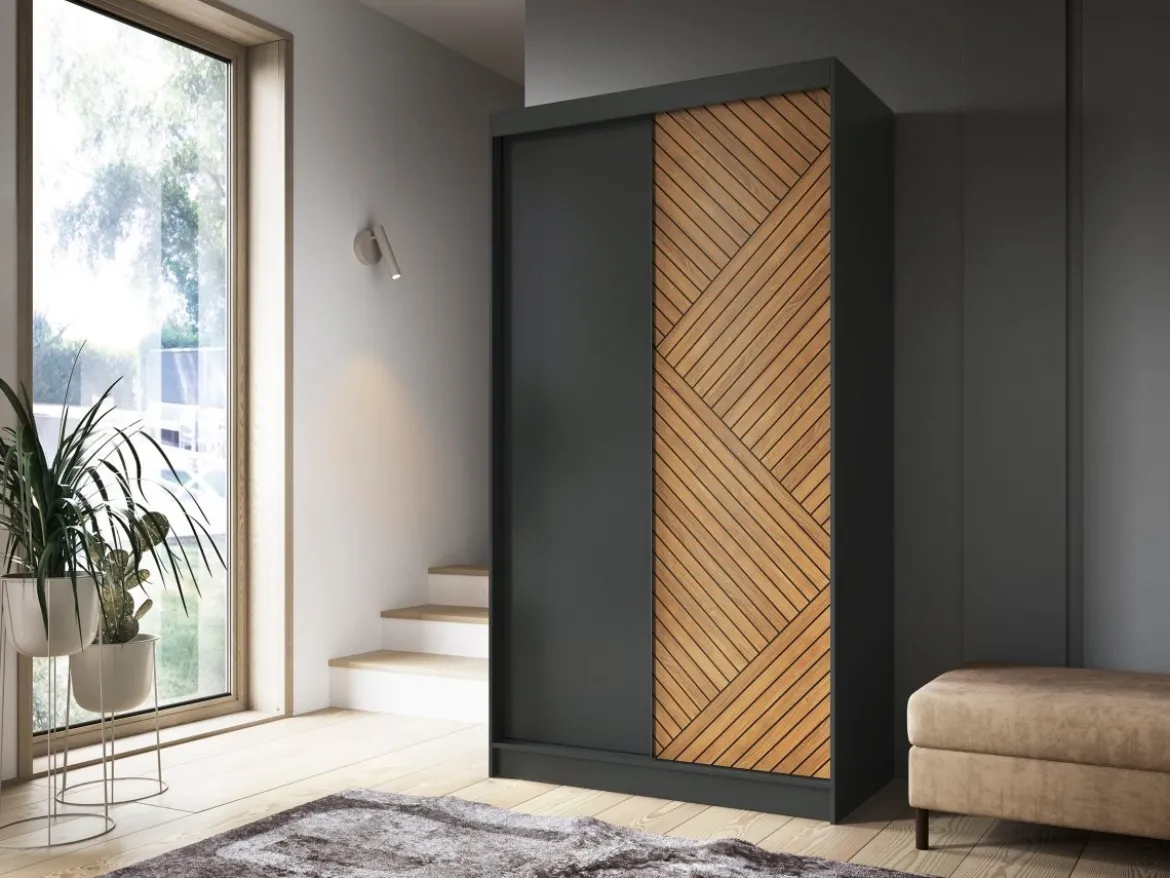 Designer Kleiderschrank Murphy – Schwarz / Eiche Fischgrät mit Spiegeltür