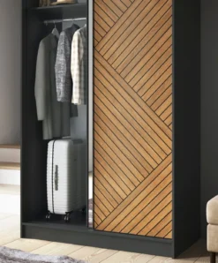 Designer Kleiderschrank Murphy – Schwarz / Eiche Fischgrät mit Spiegeltür