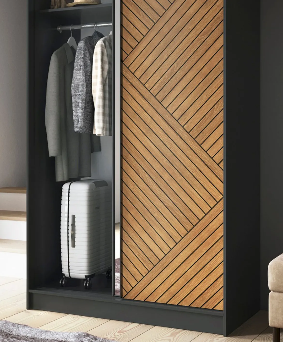 Designer Kleiderschrank Murphy – Schwarz / Eiche Fischgrät mit Spiegeltür