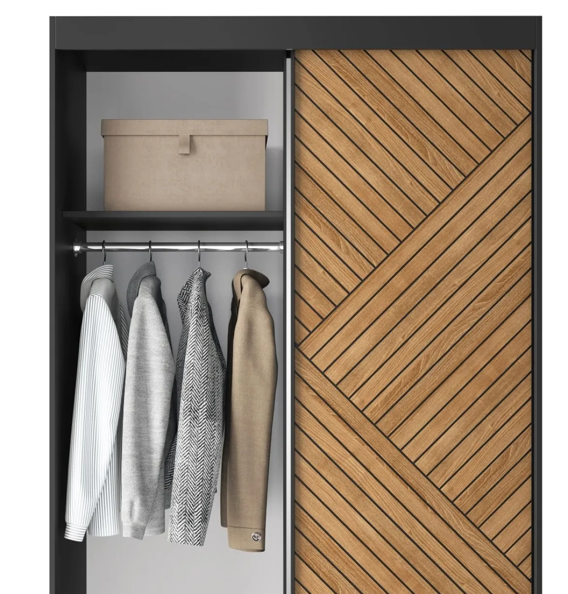 Designer Kleiderschrank Murphy – Schwarz / Eiche Fischgrät mit Spiegeltür