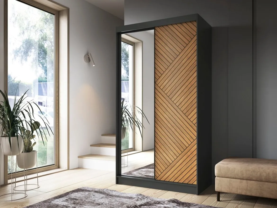 Designer Kleiderschrank Murphy – Schwarz / Eiche Fischgrät mit Spiegeltür