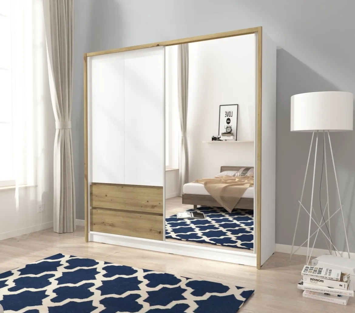Designer Kleiderschrank Silas – Weiß / Eiche mit Spiegeltür