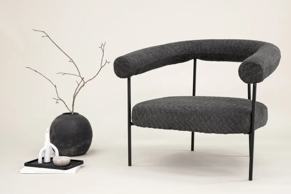 Designer Loungesessel Haga – Anthrazit, Bouclé mit Stahlgestell