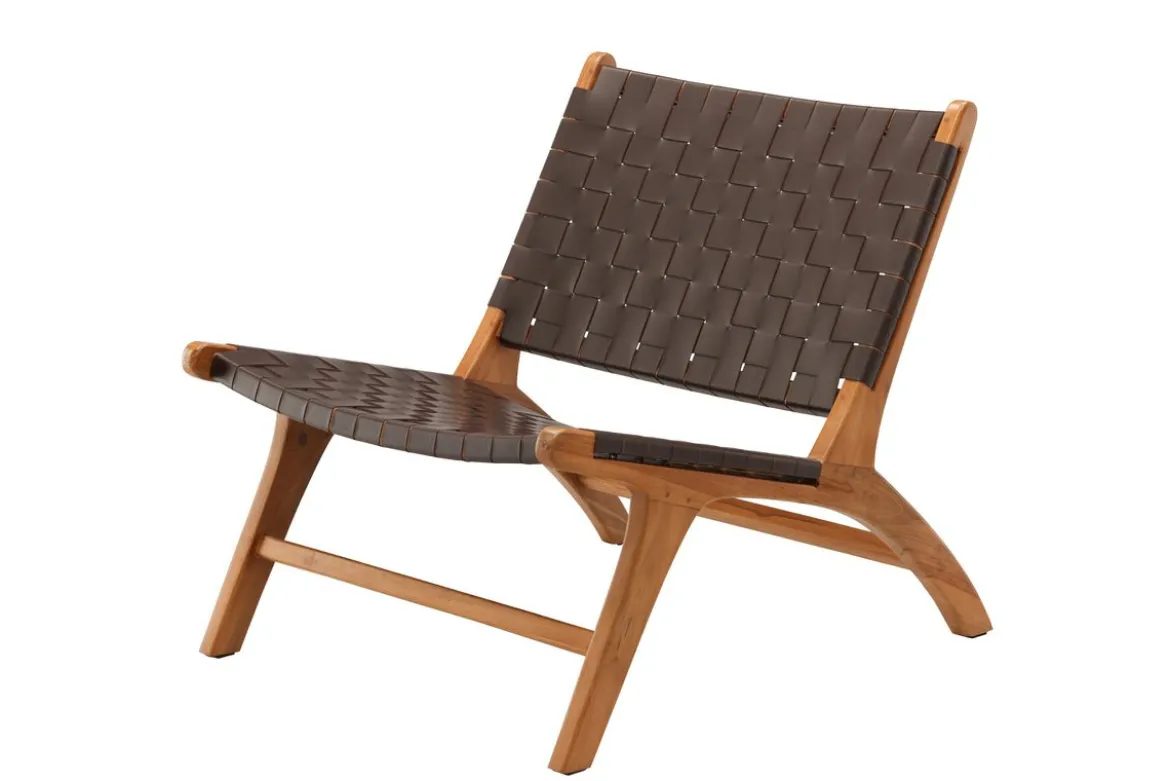 Designer Lounge Sessel Tevari – Geflecht aus Teak & Lederoptik Braun