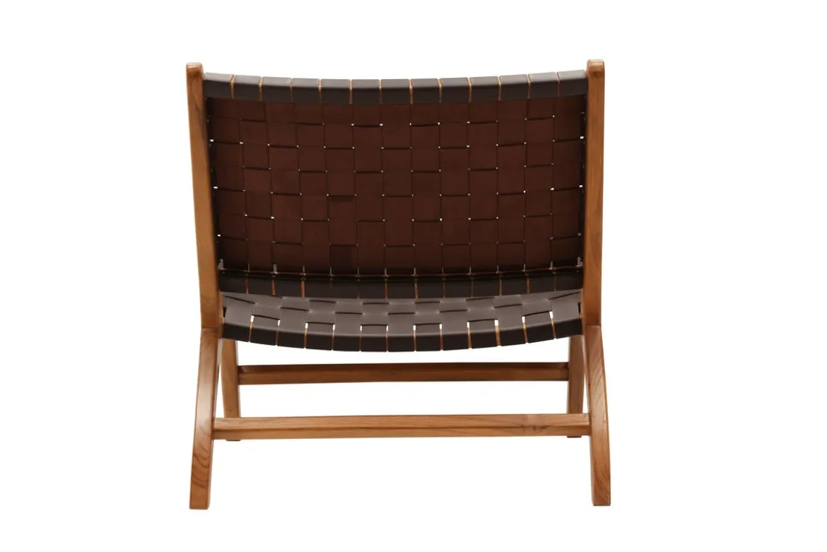 Designer Lounge Sessel Tevari – Geflecht aus Teak & Lederoptik Braun