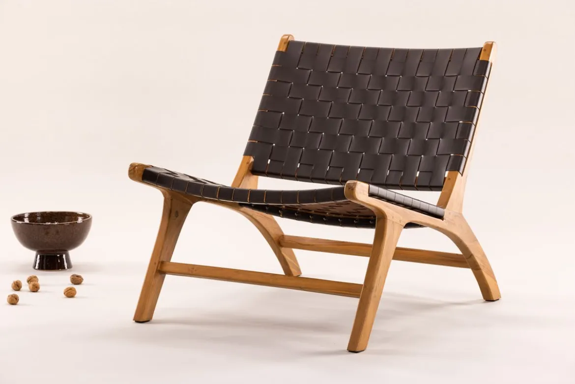 Designer Lounge Sessel Tevari – Geflecht aus Teak & Lederoptik Braun