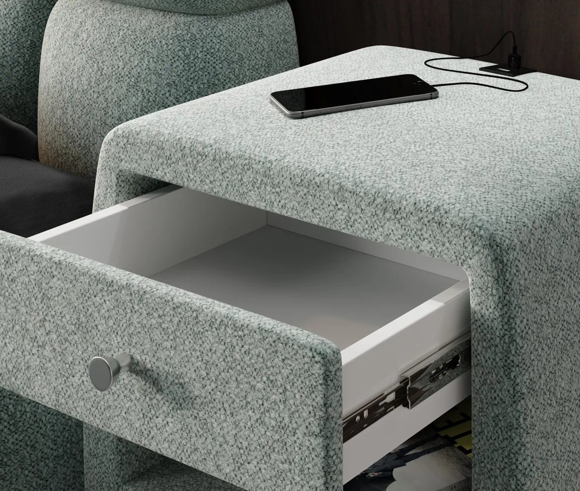 Designer Nachttisch Lilly mit USB Anschluss in Strukturstoff