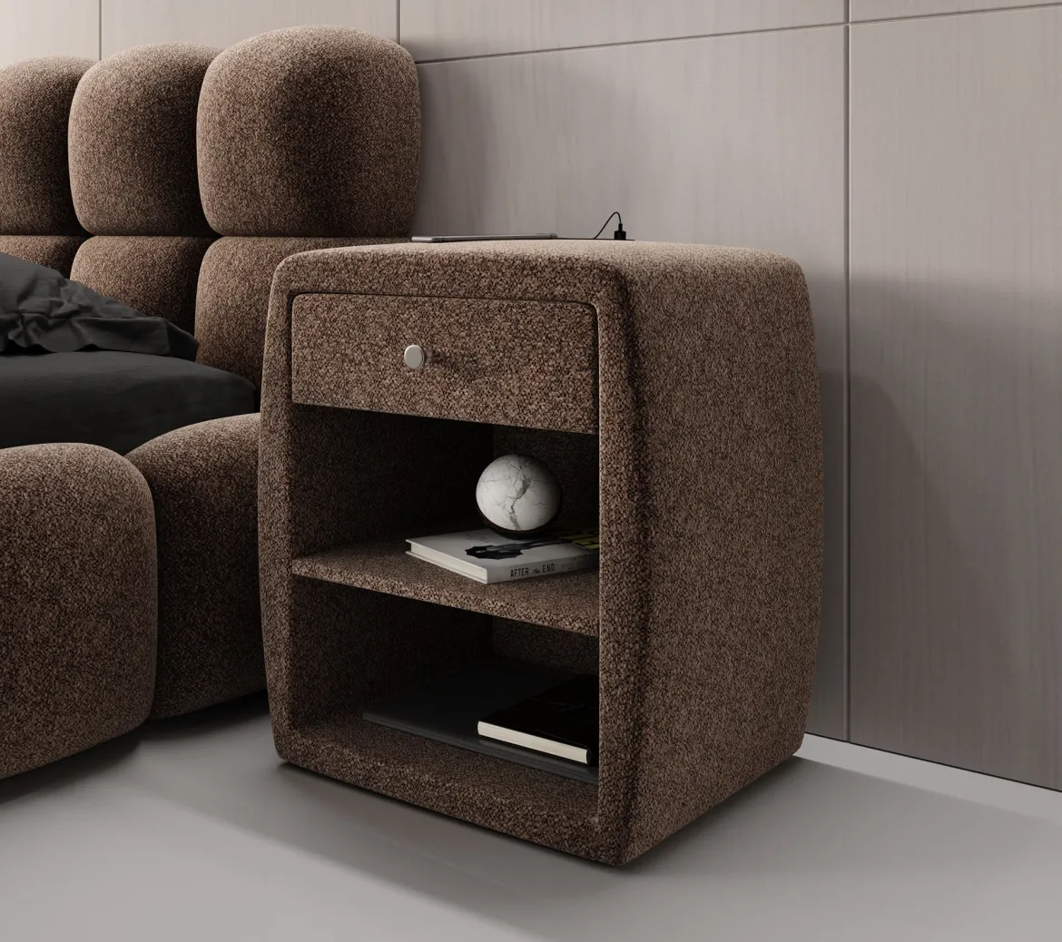 Designer Nachttisch Lilly mit USB Anschluss in Strukturstoff