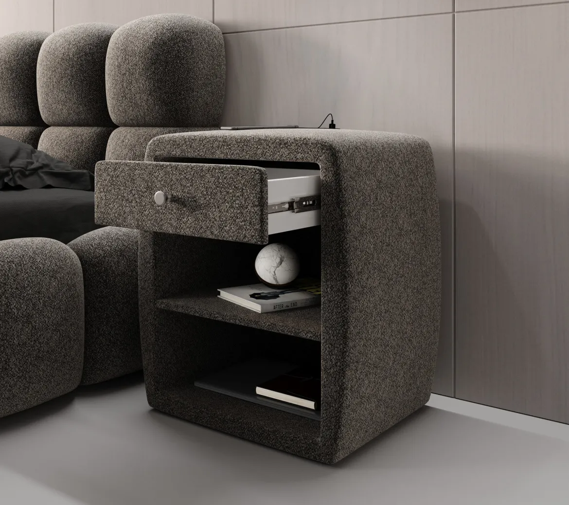 Designer Nachttisch Lilly mit USB Anschluss in Strukturstoff