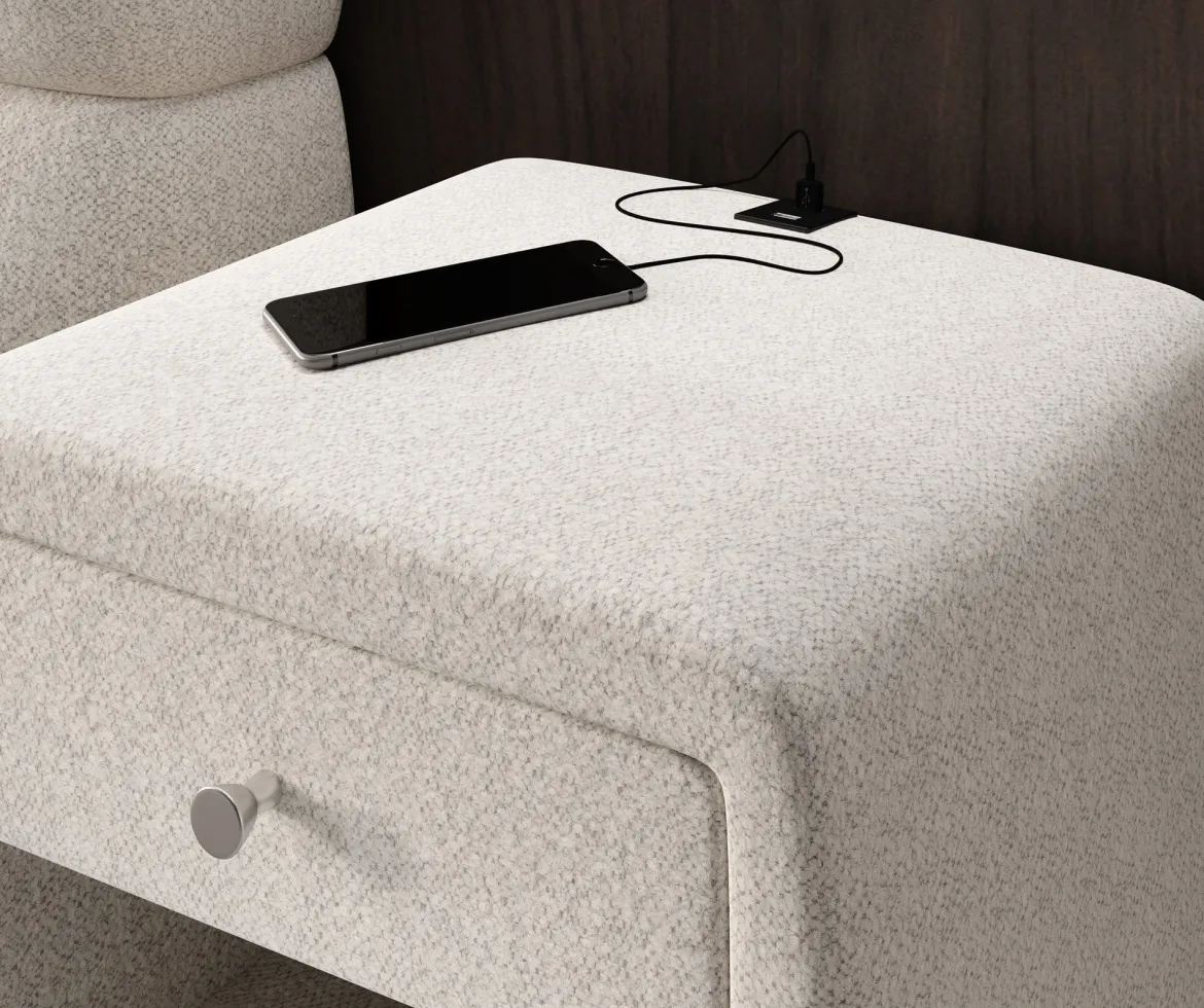 Designer Nachttisch Lilly mit USB Anschluss in Strukturstoff
