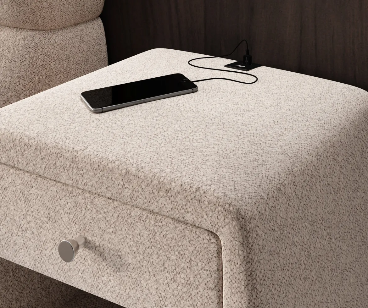 Designer Nachttisch Lilly mit USB Anschluss in Strukturstoff