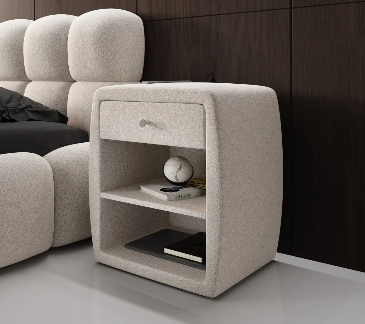 Designer Nachttisch Lilly mit USB Anschluss in Strukturstoff