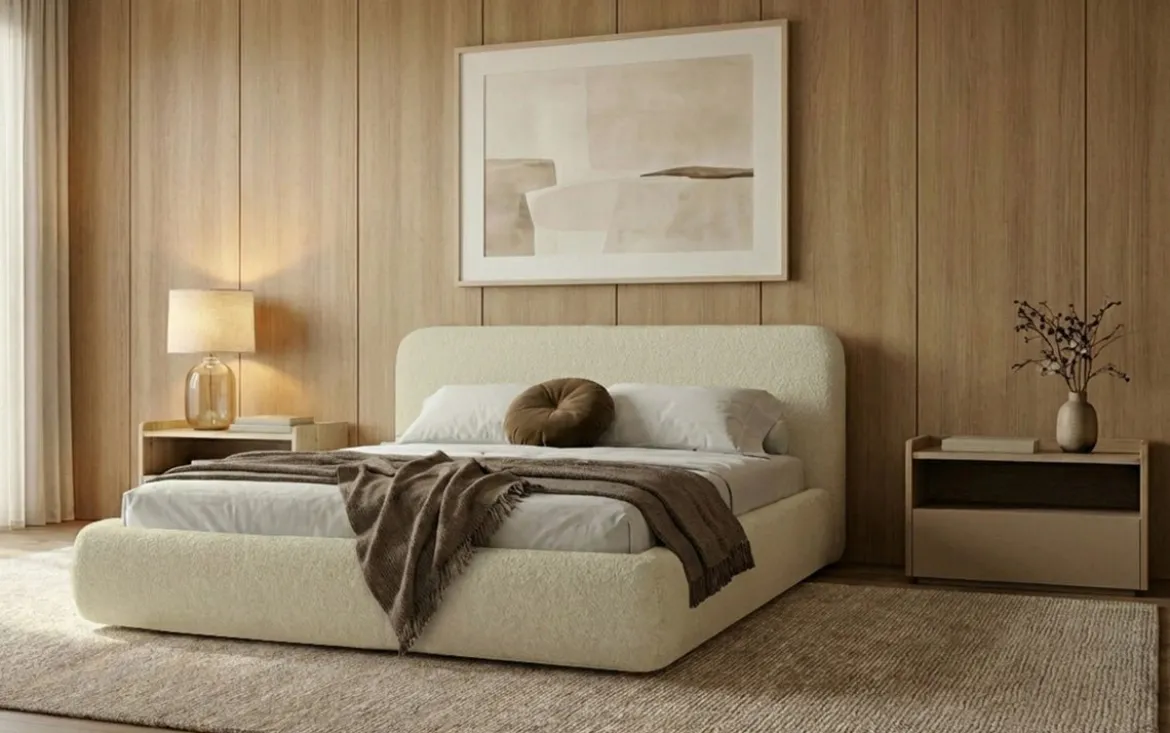 Designer Polsterbett Arosa in Bouclé mit Stauraum
