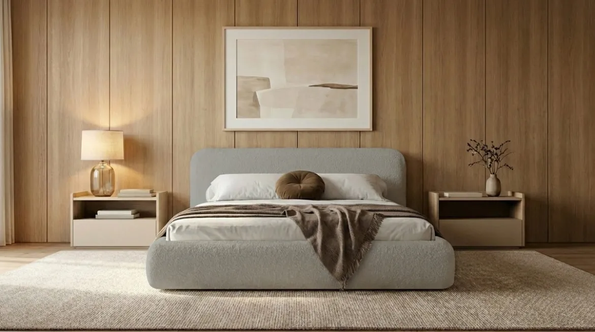 Designer Polsterbett Arosa in Bouclé mit Stauraum