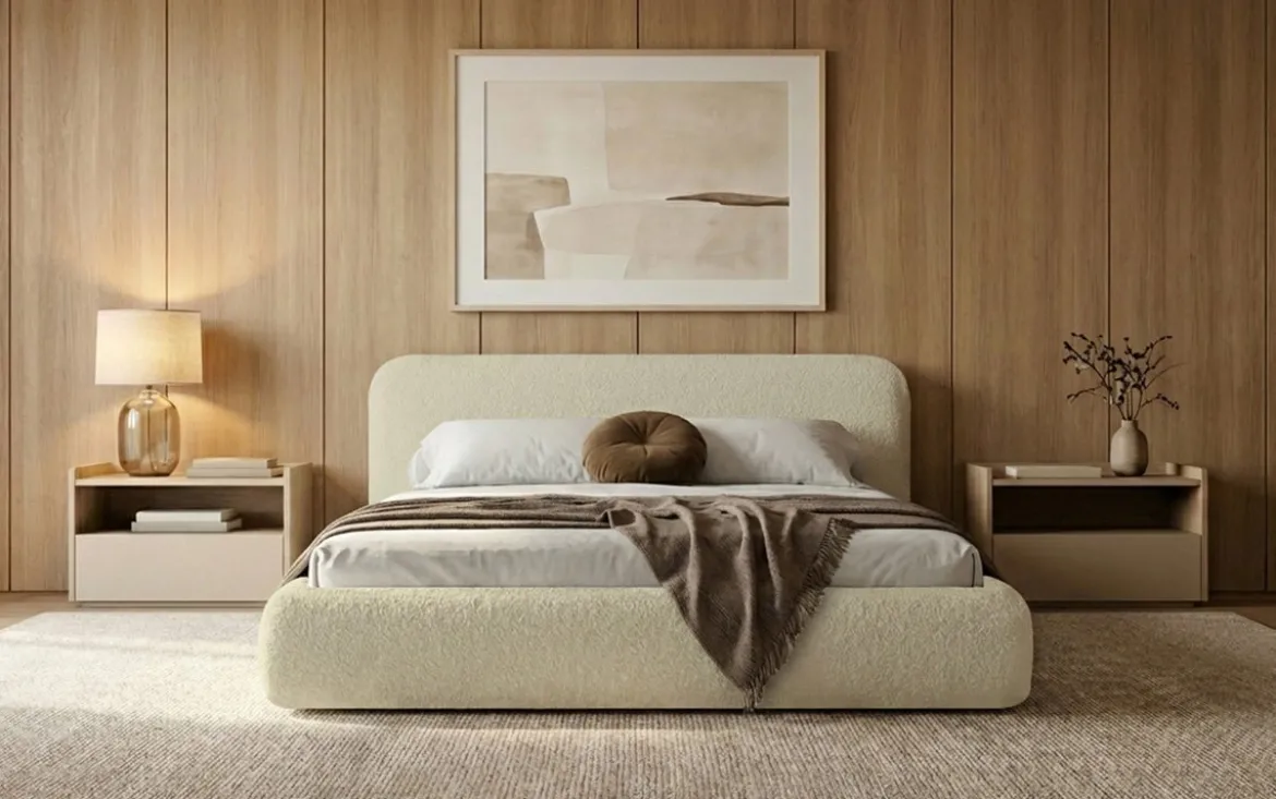 Designer Polsterbett Arosa in Bouclé mit Stauraum