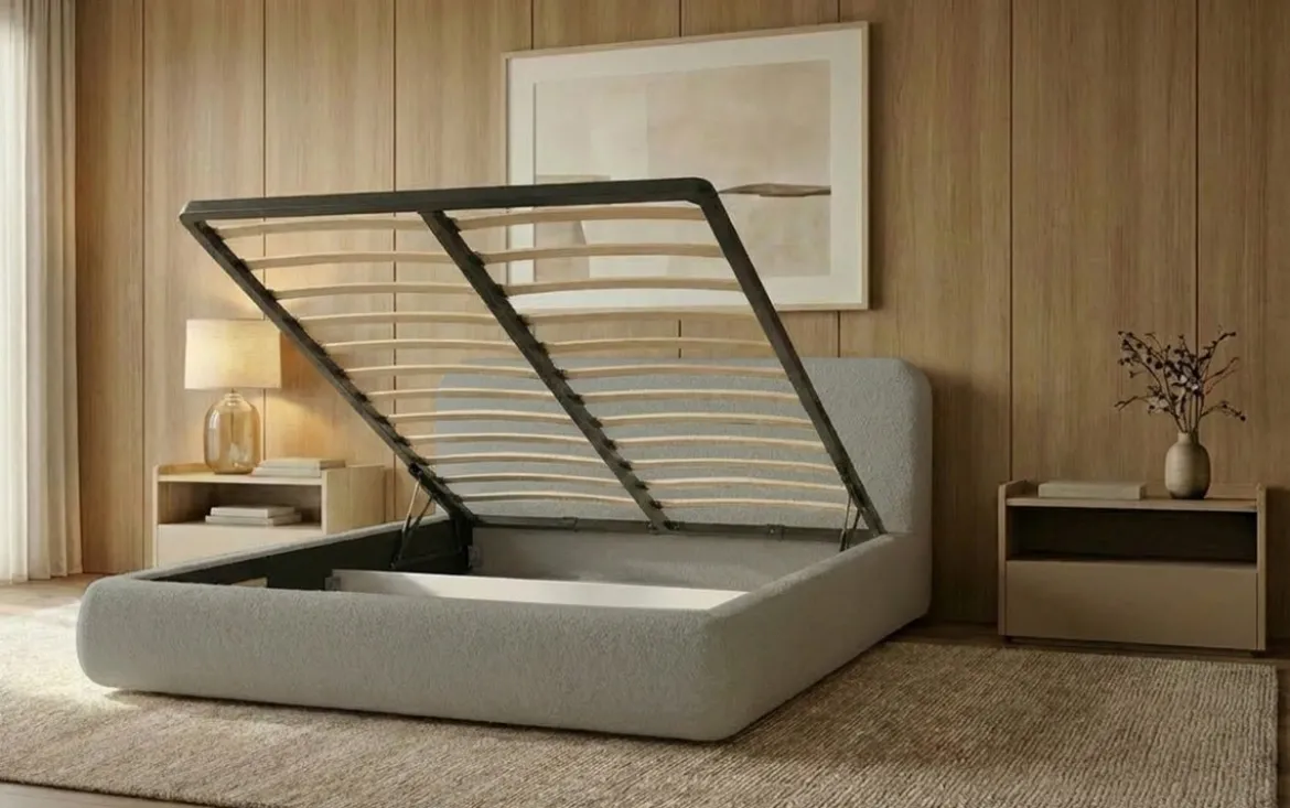 Designer Polsterbett Arosa in Bouclé mit Stauraum