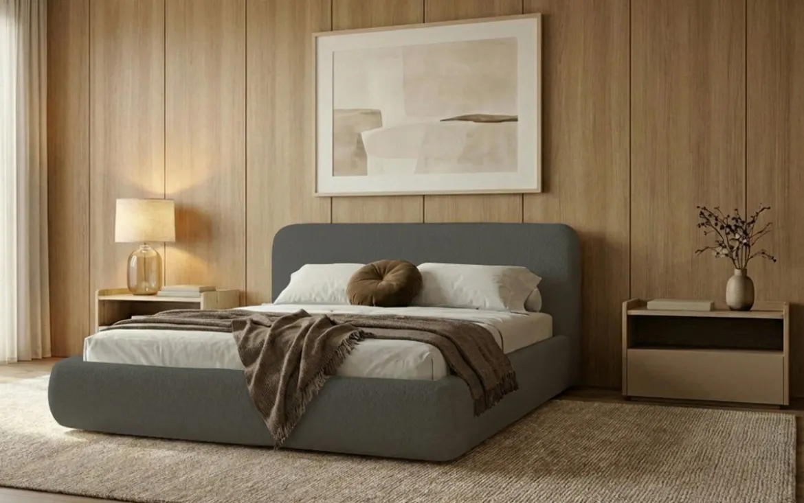 Designer Polsterbett Arosa in Bouclé mit Stauraum