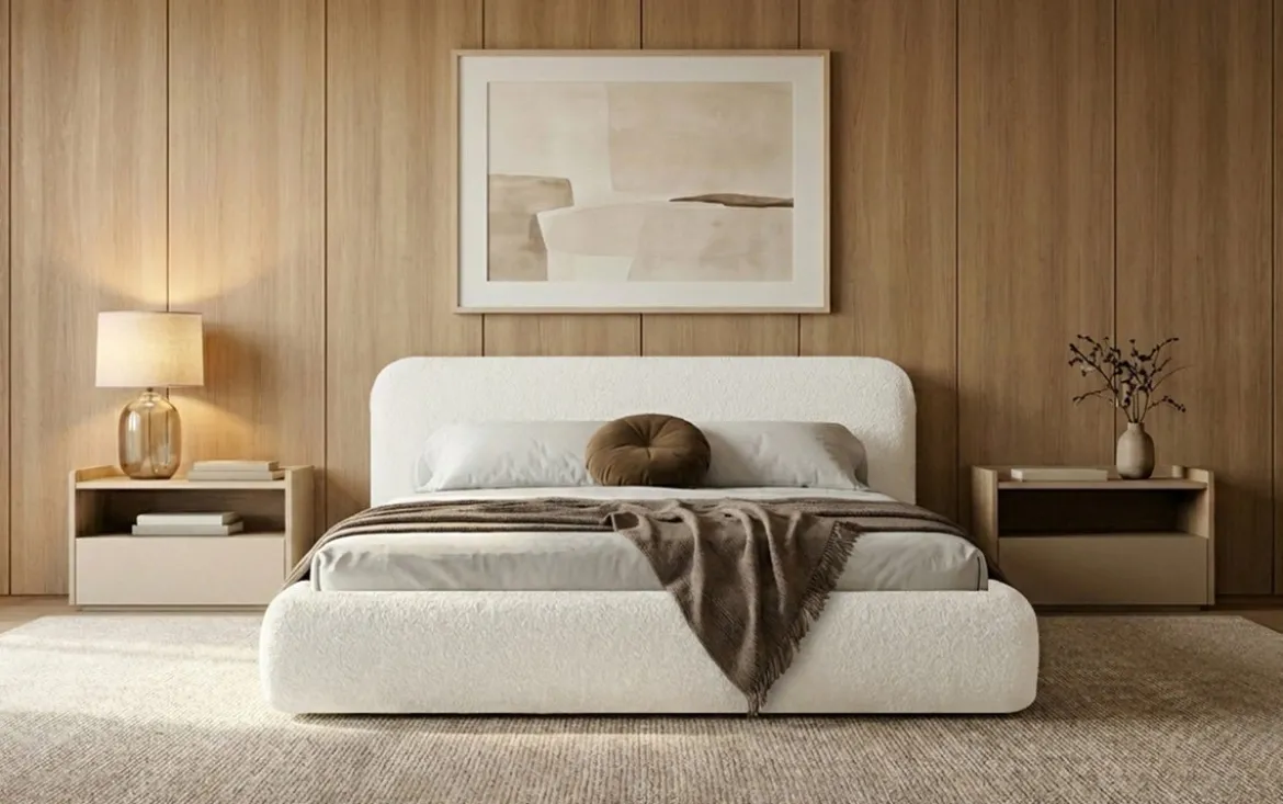 Designer Polsterbett Arosa in Bouclé mit Stauraum