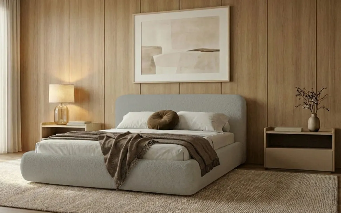 Designer Polsterbett Arosa in Bouclé mit Stauraum