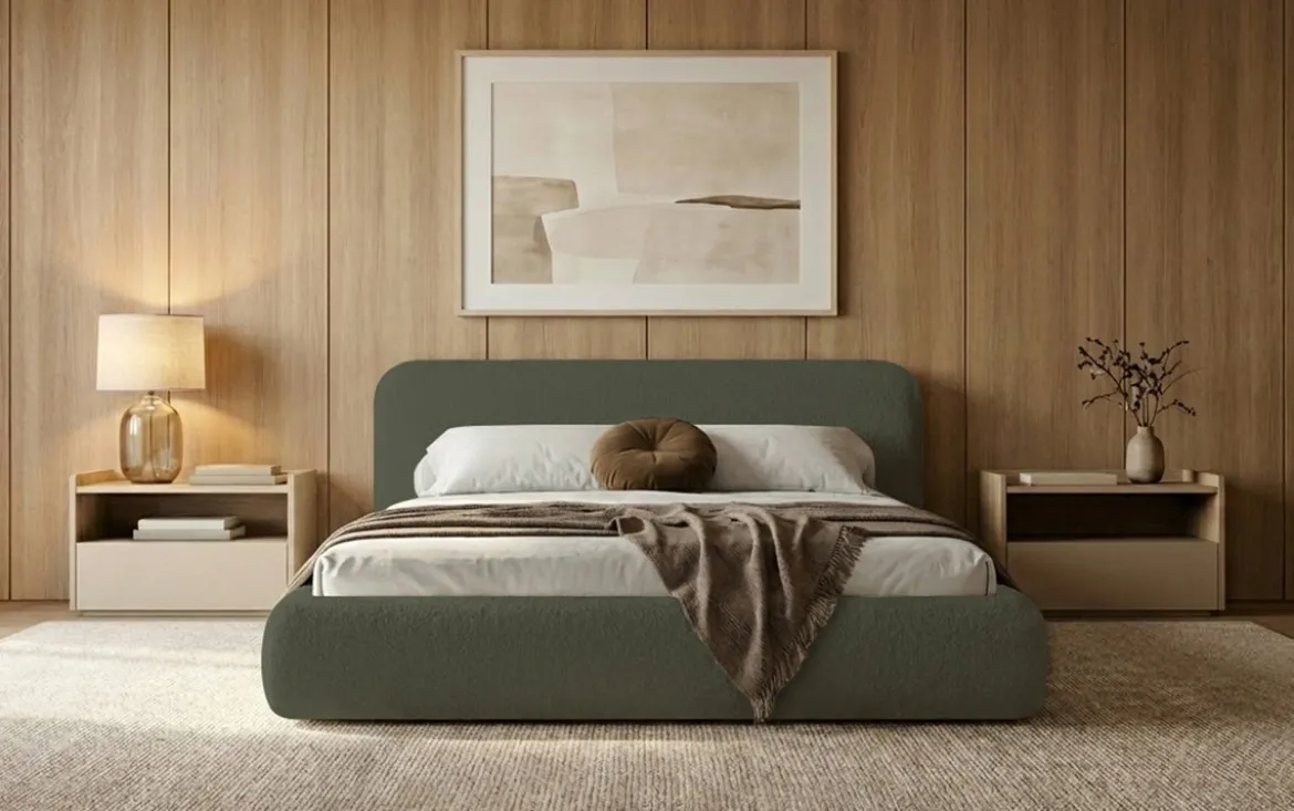 Designer Polsterbett Arosa in Bouclé mit Stauraum