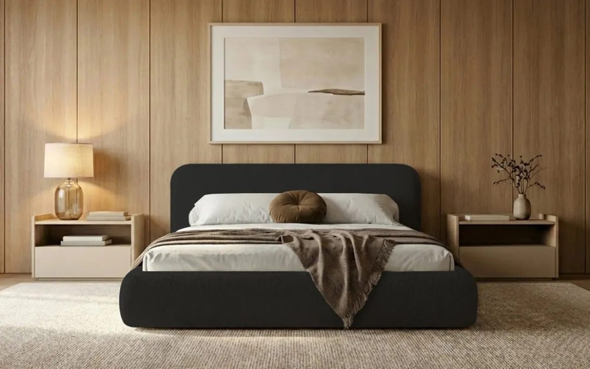 Designer Polsterbett Arosa in Bouclé mit Stauraum