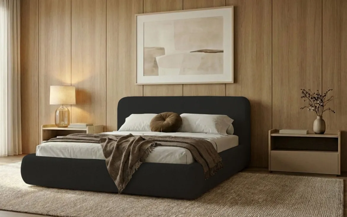 Designer Polsterbett Arosa in Bouclé mit Stauraum
