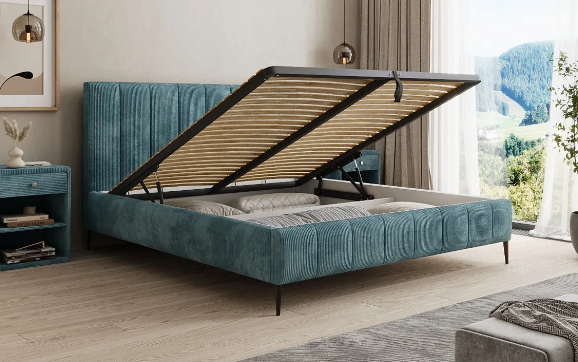 Designer Polsterbett Astrid in Cord mit Stauraum