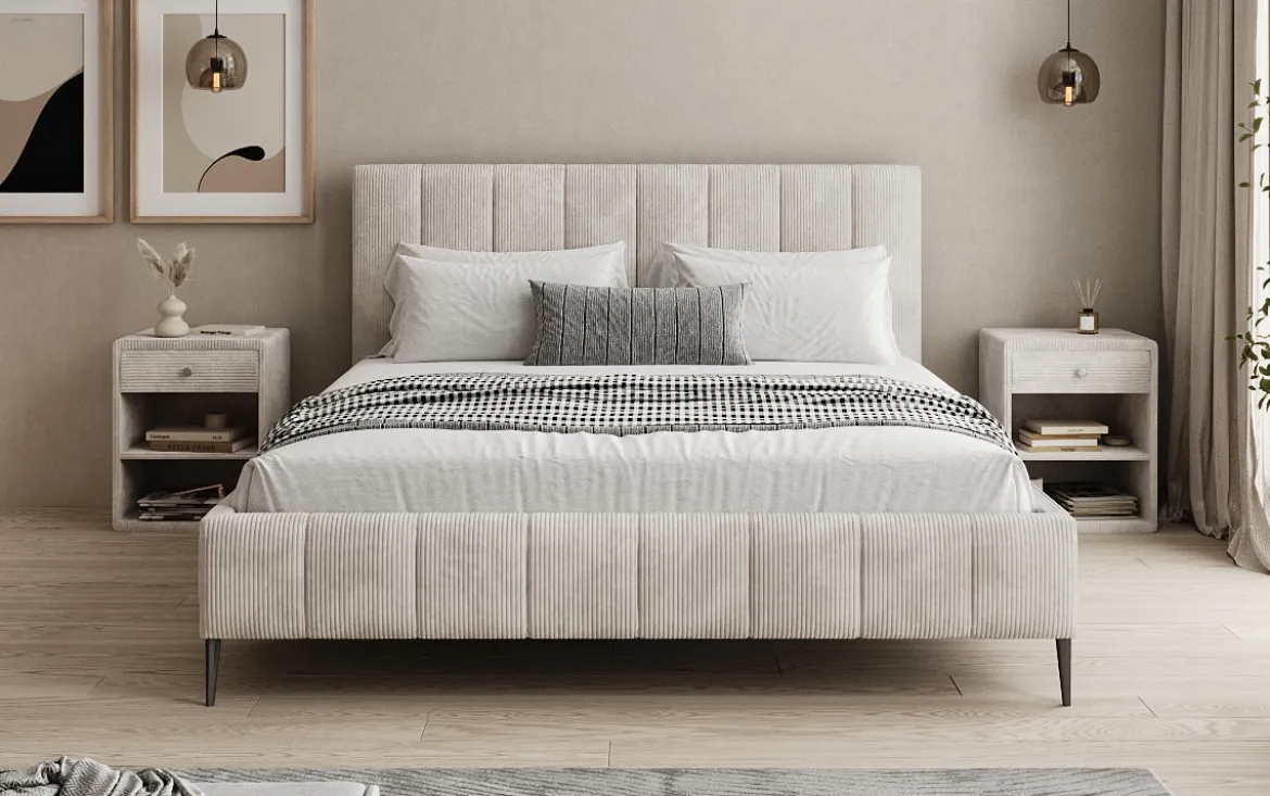 Designer Polsterbett Astrid in Cord mit Stauraum
