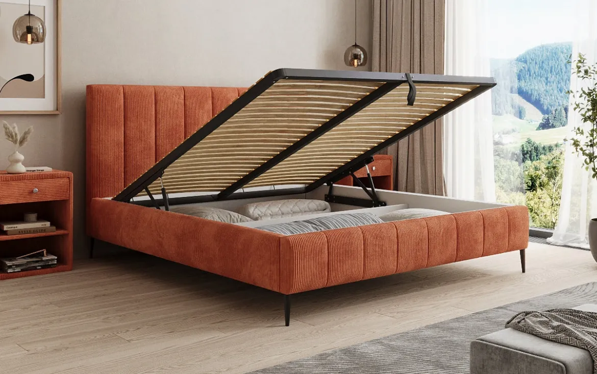 Designer Polsterbett Astrid in Cord mit Stauraum