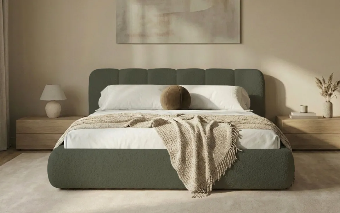 Designer Polsterbett Avelo in Bouclé mit Stauraum