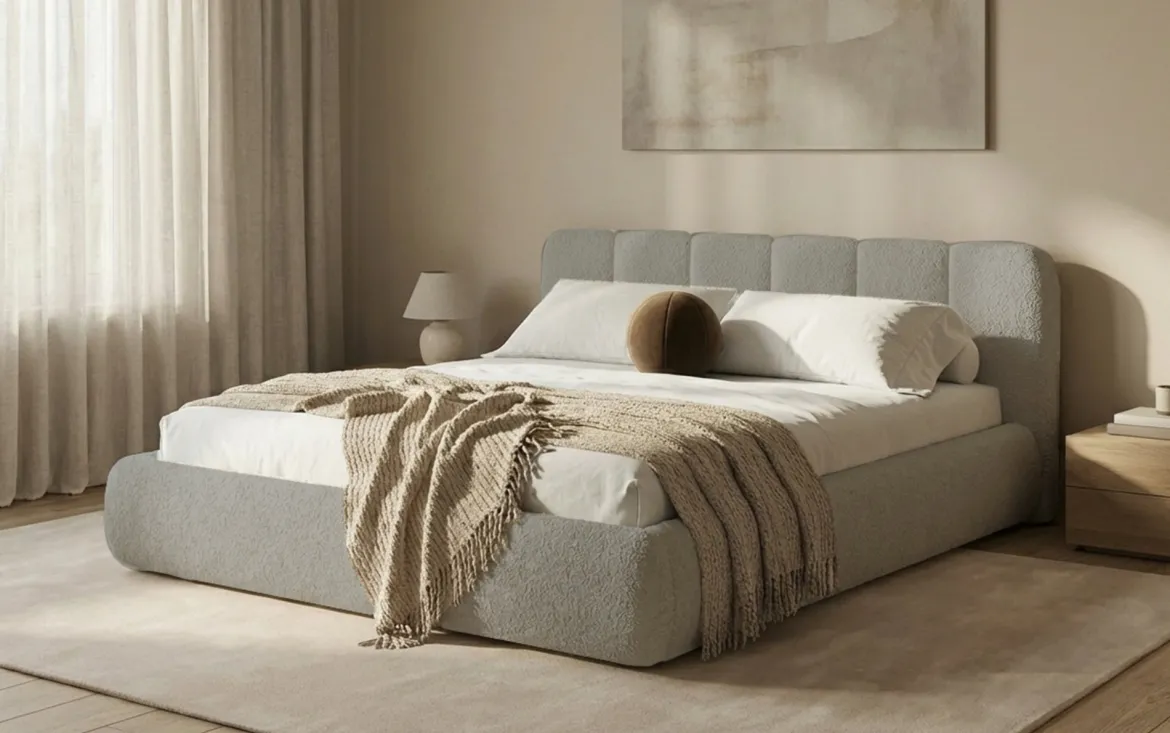 Designer Polsterbett Avelo in Bouclé mit Stauraum