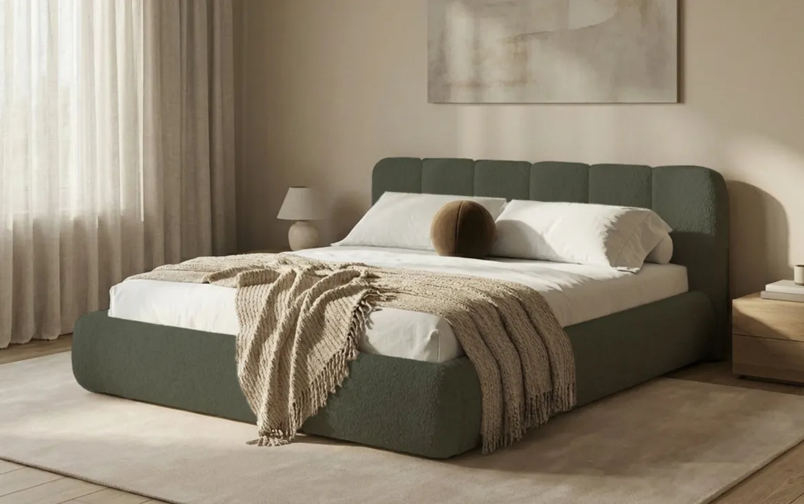 Designer Polsterbett Avelo in Bouclé mit Stauraum