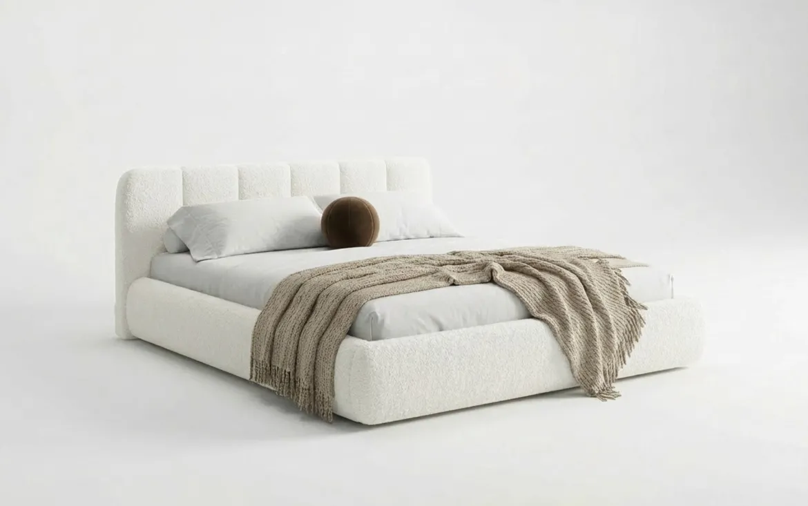 Designer Polsterbett Avelo in Bouclé mit Stauraum
