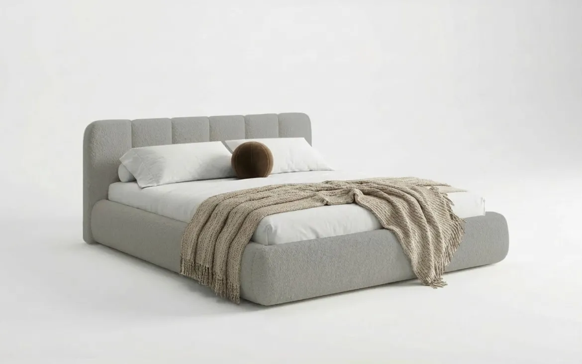 Designer Polsterbett Avelo in Bouclé mit Stauraum