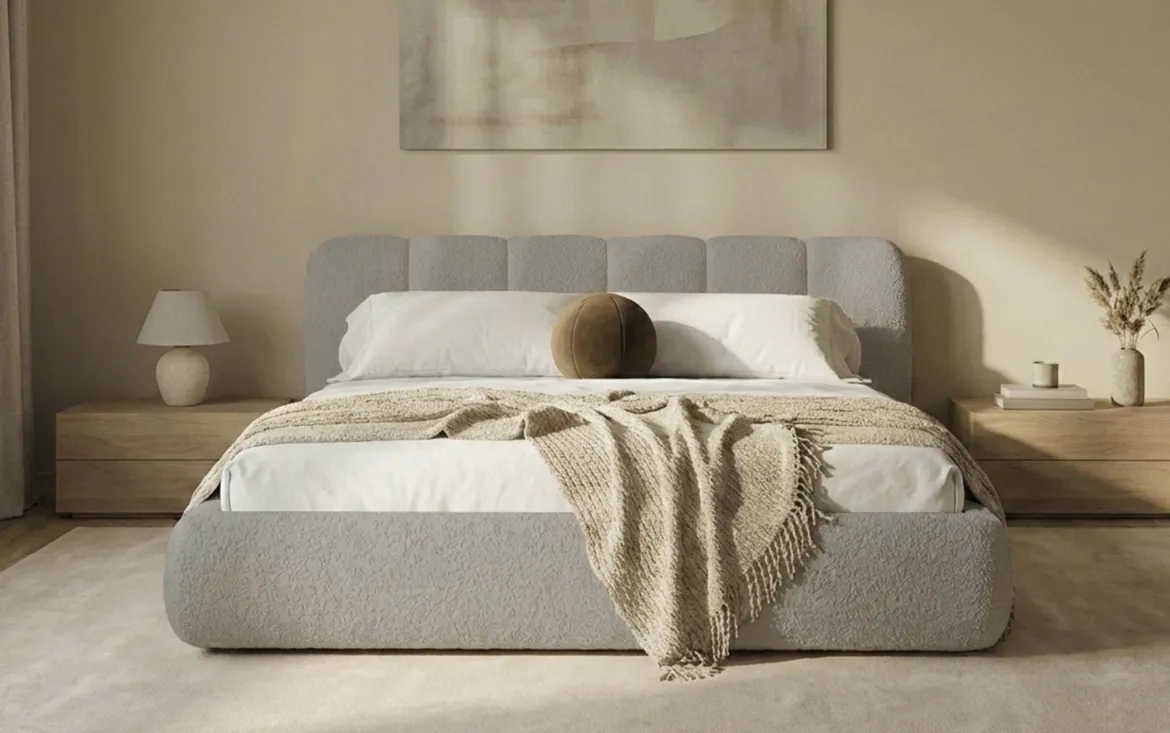 Designer Polsterbett Avelo in Bouclé mit Stauraum