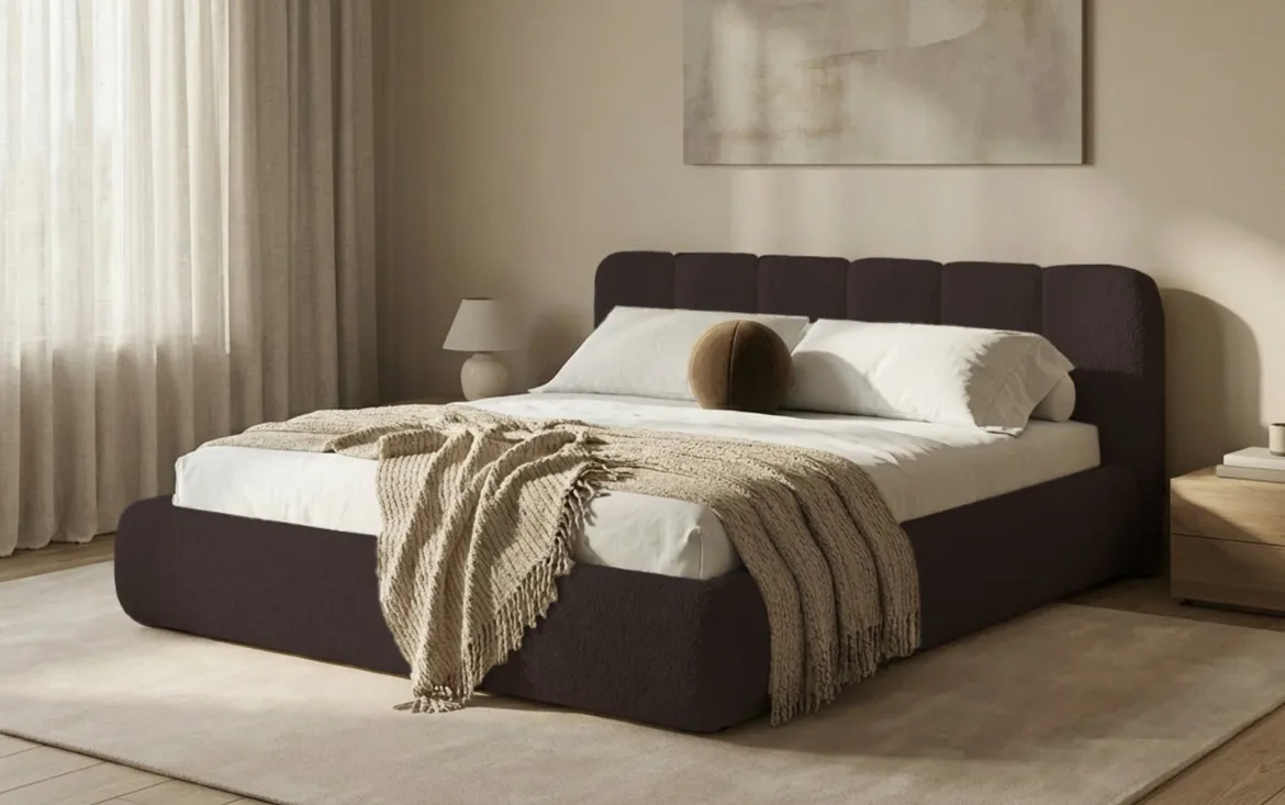 Designer Polsterbett Avelo in Bouclé mit Stauraum