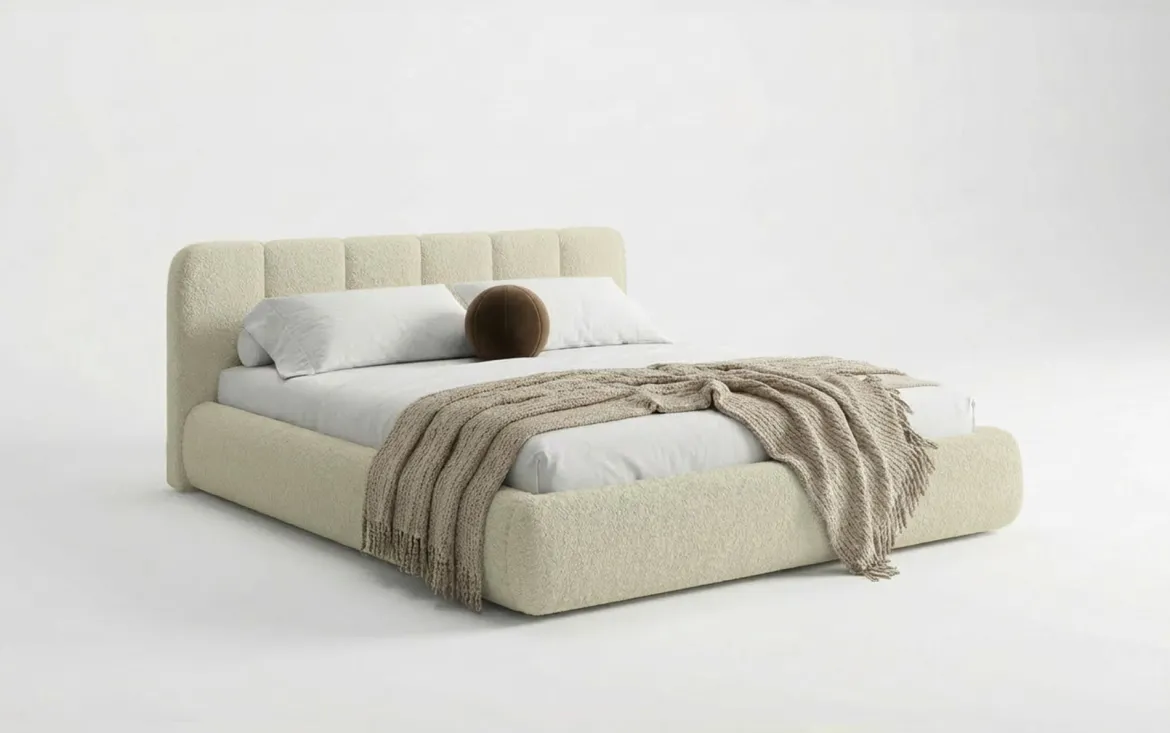 Designer Polsterbett Avelo in Bouclé mit Stauraum
